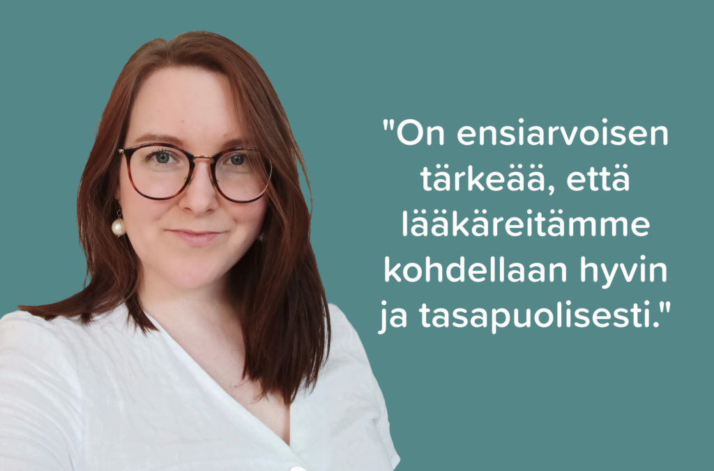 Kuvassa on tummahiuksinen Sanni Alanen, joka on Medikumppanin rekrytointikonsultti, KTM ja fysioterapeutti. Vihreällä taustalla profiilikuvan vieressä lukee valkoisin kirjaimin: On ensiarvoisen tärkeää, että lääkäreitämme kohdellaan hyvin ja tasapuolisesti.